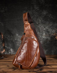 Cool Brown Leather Men's Sling Bag Chest Bag One Shoulder Backpack For Men