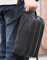 Casual Black Leather Men's Wristlet Bag Double Zipper Clutch Bag For Men