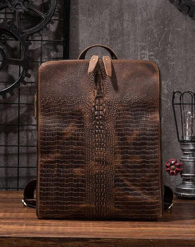 Cool Mens Leather Alligator Pattern Backpack Travel Backpacks Leather Hiking Backpack for Men