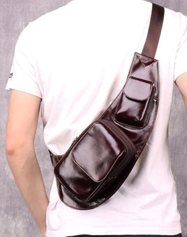 Oiled Leather Brown Men's Chest Bag Sling Bag One Shoulder Backpack For Men