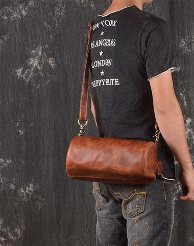 Light Brown Leather Mens Barrel Shoulder Bag Side Bag Messenger Bag Fo