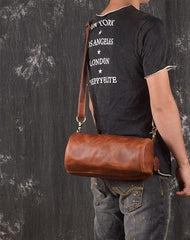 Light Brown Leather Mens Barrel Shoulder Bag Side Bag Messenger Bag For Men