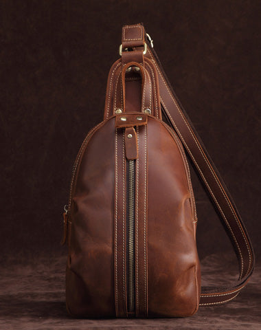 Cool Dark Brown Mens Leather One Shoulder Backpack Chest Bag Sling Bag For Mens