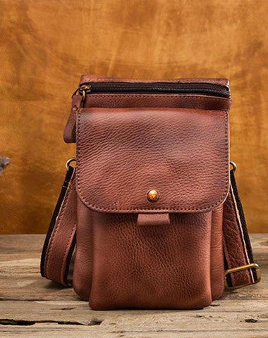 Cool Brown Leather Mens Belt Pouch Mini Shoulder Bag Waist Bag For Men