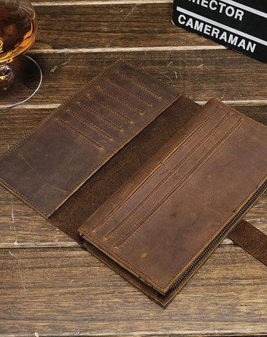 Cool Vintage Mens Brown Leather Brifold Long Wallet for Men Long Wallet