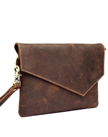 Dark Brown Vintage Leather Wristlet Bag Mens Tablet Bag Handy File Bag Clutch Bag For Men