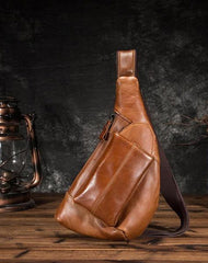 Cool Brown Leather Men's Sling Bag Chest Bag One Shoulder Backpack For Men