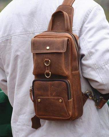 Cool Brown Leather Men's Sling Bag Chest Bag Brown One Shoulder Backpack For Men