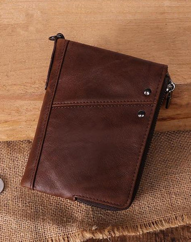 RFID Cool Brown Leather Men's Bifold Small Wallet Zipper billfold Wallet For Men