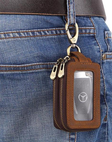 Cool Brown Mens Zipper Leather Car Key Wallet Key Holder Change Holder For Men