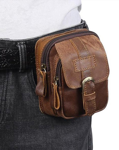 Vintage Brown Leather Men's Cell Phone Holster Waist Belt Pouch Belt Bag For Men