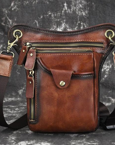 Vintage Brown Leather Men's CELL PHONE HOLSTER MINI SIDE BAG Waist BELT POUCH Drop Leg Bag For Men