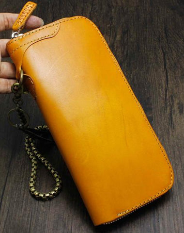 Cool Brown Leather Men's Biker Wallet Biker Chain Wallet Zipper Long Wallet with Chain For Men