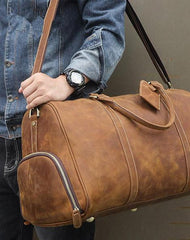 Vintage Brown Leather Men's Overnight Bag Weekender Bag Brown Travel Bag Handbag For Men