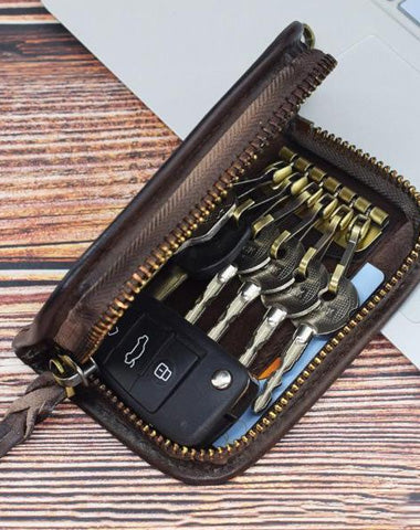 Vintage Embossed Brown Leather Men's Key Wallet Black Key Case Car Car Key Holder For Men