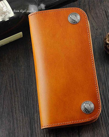 Cool Brown Leather Men's Biker Long Wallet Bifold Long Wallet For Men