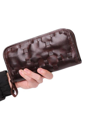 Vintage Brown Leather Men's Clutch Long Wallet Zipper Black Wristlet Wallet For Men