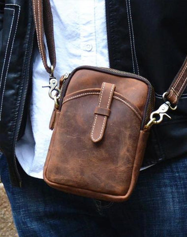 Vintage Brown Leather Men's Cell Phone Holsters Brown Waist Belt Pouch Mini Side Bag For Men