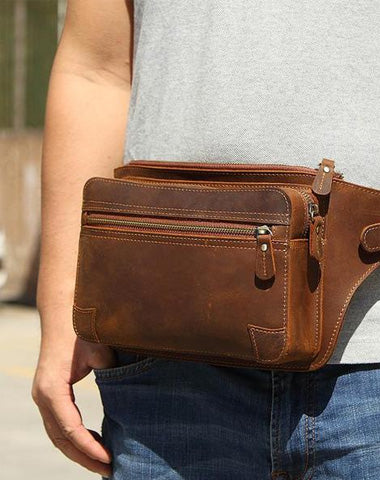 Vintage Brown Leather Men's Fanny Pack Coffee Chest Bag Waist Bag For Men