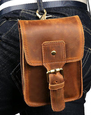 Vintage Brown Leather Men's Belt Pouch Cell Phone Waist Holster Belt Bag For Men