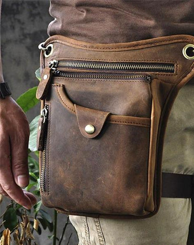 Vintage Brown Leather Men's Waist Belt Pouch Drop Leg Bags Small Side Bag For Men
