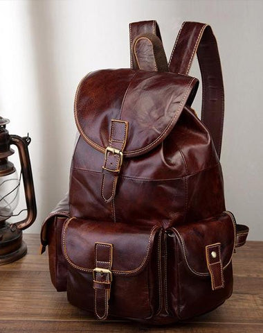 Vintage Brown Leather Men's Backpack 14'' Computer Backpacks Travel Backpack For Men