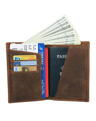 Vintage Mens Leather Small Slim Passport Wallets Bifold Long Wallet For Men