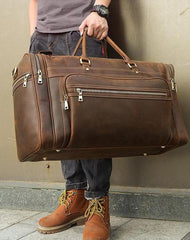 Vintage Large Leather Men's Overnight Bag Brown Travel Bag Weekender Bag For Men