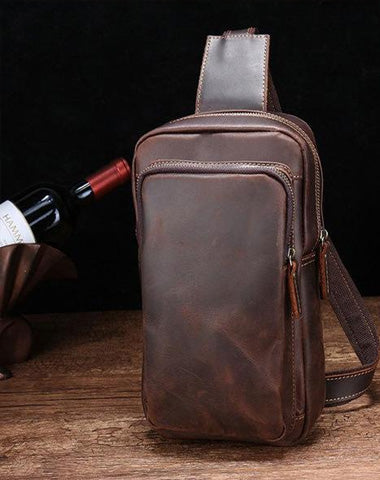 Vintage Brown Leather Men's Sling Bags Chest Bag One Shoulder Backpack For Men