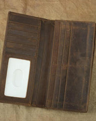Vintage Brown Leather Men's Long Wallet Bifold Long Slim Wallet For Men