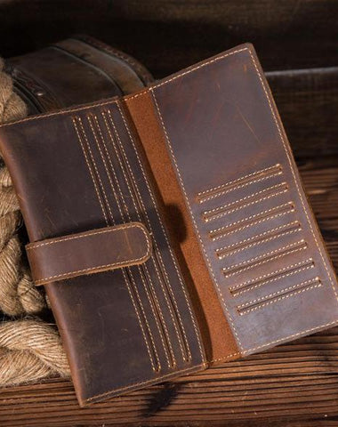 Vintage Brown Leather Men's Bifold Long Wallet Slim Multi Cards Long Wallet For Men