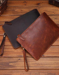 Vintage Brown Leather Men's Wristlet Bag Clutch Bag Mini File Bag For Men