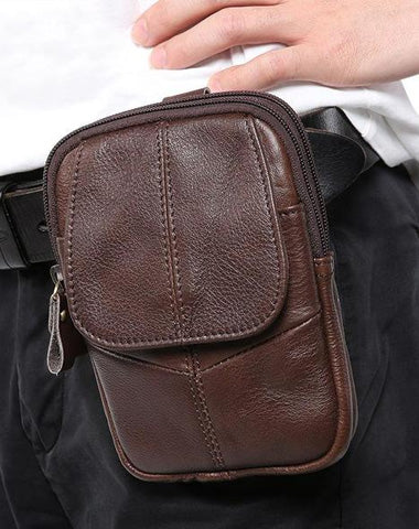 Vintage Brown Leather Men's Waist Belt Pouch Cell Phone Holster Mini Side Bag For Men