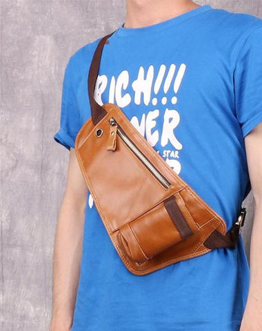 Vintage Cool Brown Leather Men's Chest Bag Sling Bag One Shoulder Backpack For Men