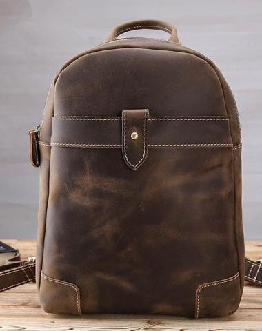 Vintage Brown Leather Men's Sling Bag Backpack Brown One Shoulder Backpack For Men