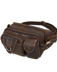 Vintage Large Brown Leather Men's Fanny Pack Brown Waist Bag Hip Pack For Men