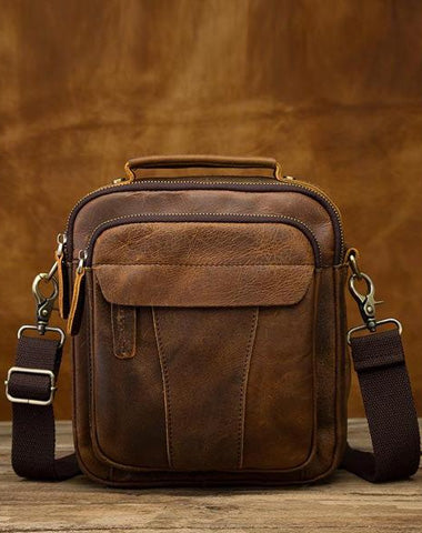 Vintage Brown Leather Mens Small Vertical Messenger Bag Side Bag Courier Bag Handbag For Men