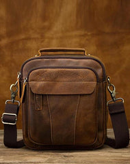Vintage Brown Leather Mens Small Vertical Messenger Bag Side Bag Courier Bag Handbag For Men
