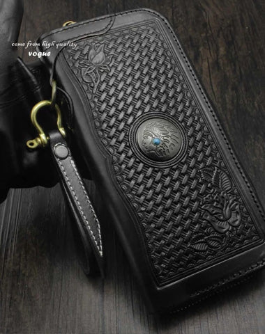 Black Tooled Leather Men's Zipper Long Wallet Biker Wallet Biker Chain Wallet For Men