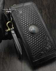 Black Tooled Leather Men's Zipper Long Wallet Biker Wallet Biker Chain Wallet For Men