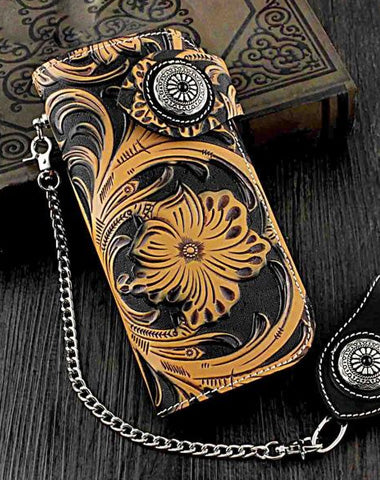 Badass Black Leather Men's Long Biker Chain Wallet Tooled Long Wallet with Chain For Men