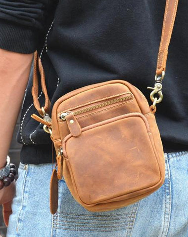Vintage Brown Leather Men's Waist Belt Pouches Cell Phone Holsters Mini Side Bag For Men