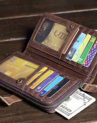 Vintage Brown Leather Men's Bifold Long Wallet Cool Zipper Long Wallet Clutch For Men