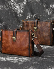 Vintage Brown Leather Men's Side Bag Messenger Bag 10'' Courier Shoulder Bag For Men