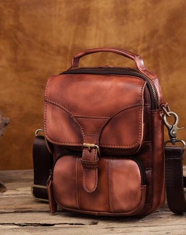 Vintage Leather Brown Men's Small Vertical Side Bag Handbag Belt Bag Pouch  For Men