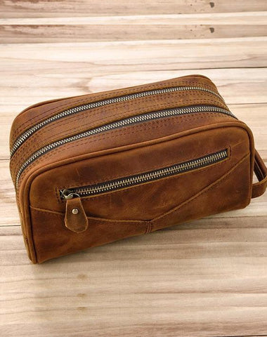 vintage Leather Men's Clutch Bag Double Zipped Small Wristlet Handbag For Men