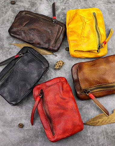 Vintage Leather Men's Zipper Small Wallet Coin Wallet Coin Holder for Men