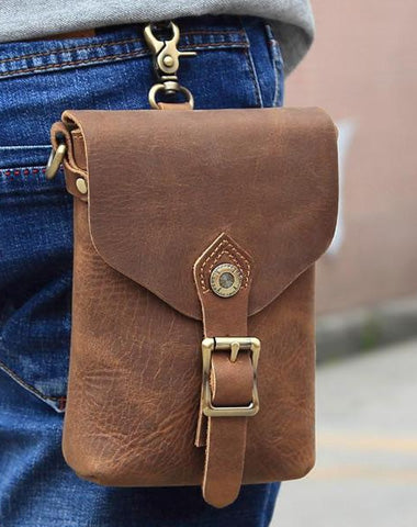 Vintage Brown Leather Men's Belt Pouch Cell Phone Holster Waist Belt Bag Mini Side Bag For Men