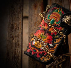 Handmade Leather Monster Mens Chain Biker Wallets Cool Tooled Leather Wallet Long Wallets for Men
