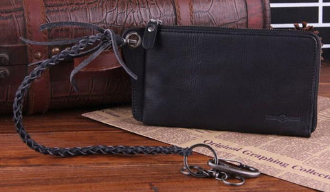 Genuine Leather Mens Cool Biker Chain Wallet Long Leather Wallet Slim Clutch Wristlet Wallet for Men